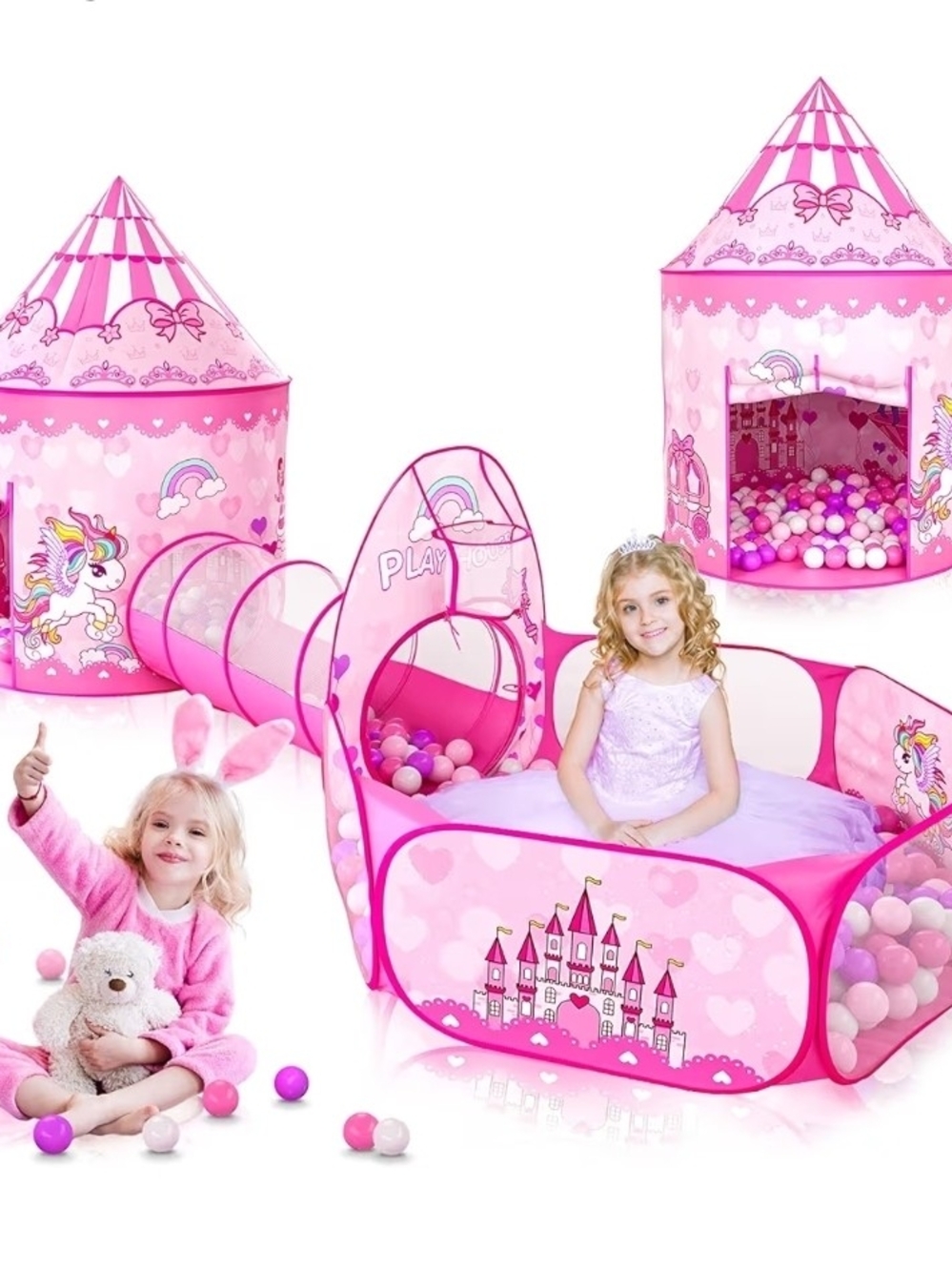 3PC Princess Tent for Girls with Kids Ball Pit and Crawl Tunnel